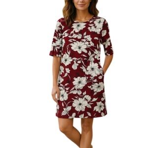 LUNA Floral Print Shift Dress Burgundy White Bell Sleeve Knee Length Size Small